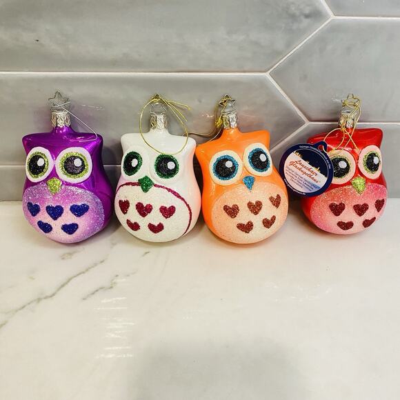 Germany Blown Glass Christmas Ornaments Set Of 4 Owl Colorful Mcm Mod Retro Owls